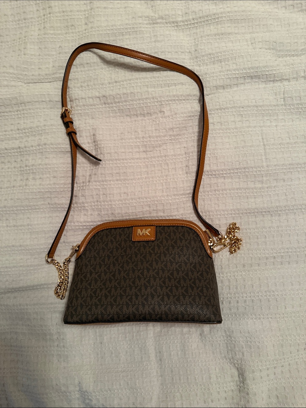 Michael Kors Brown Signature Crossbody with Tan Trim and Gold Hardware